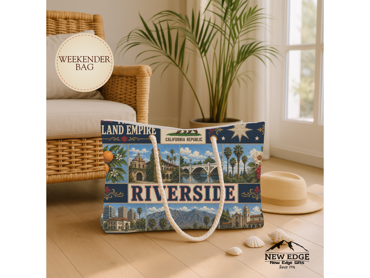 Riverside California Weekender Bag Inland Empire Faux Patchwork Travel Tote Vintage City Heritage Weekend Gift
