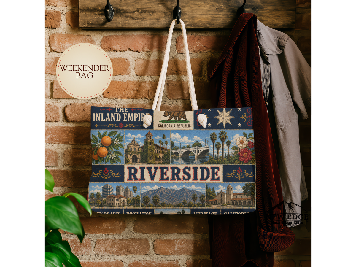 Riverside California Weekender Bag Inland Empire Faux Patchwork Travel Tote Vintage City Heritage Weekend Gift