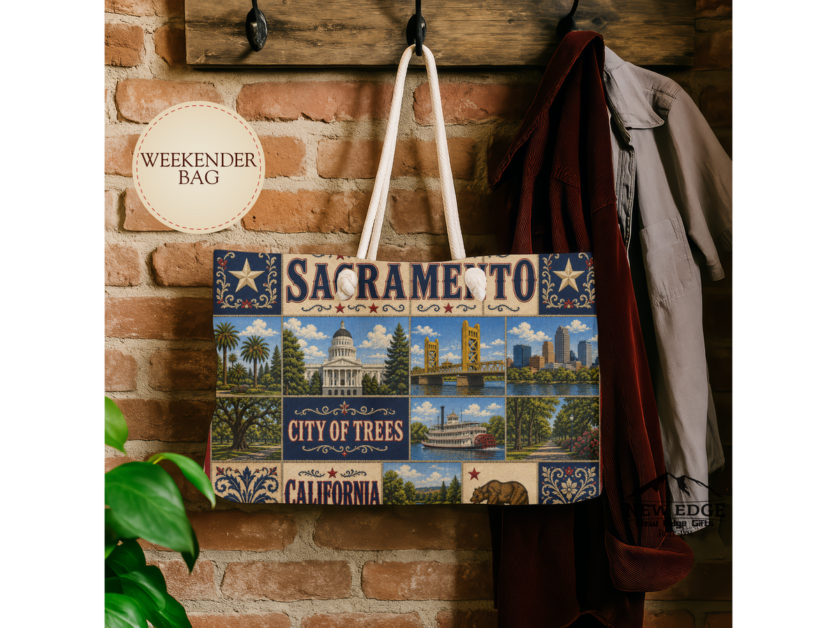 Sacramento California Weekender Bag City of Trees Faux Patchwork Travel Tote Vintage Capital City Getaway Gift