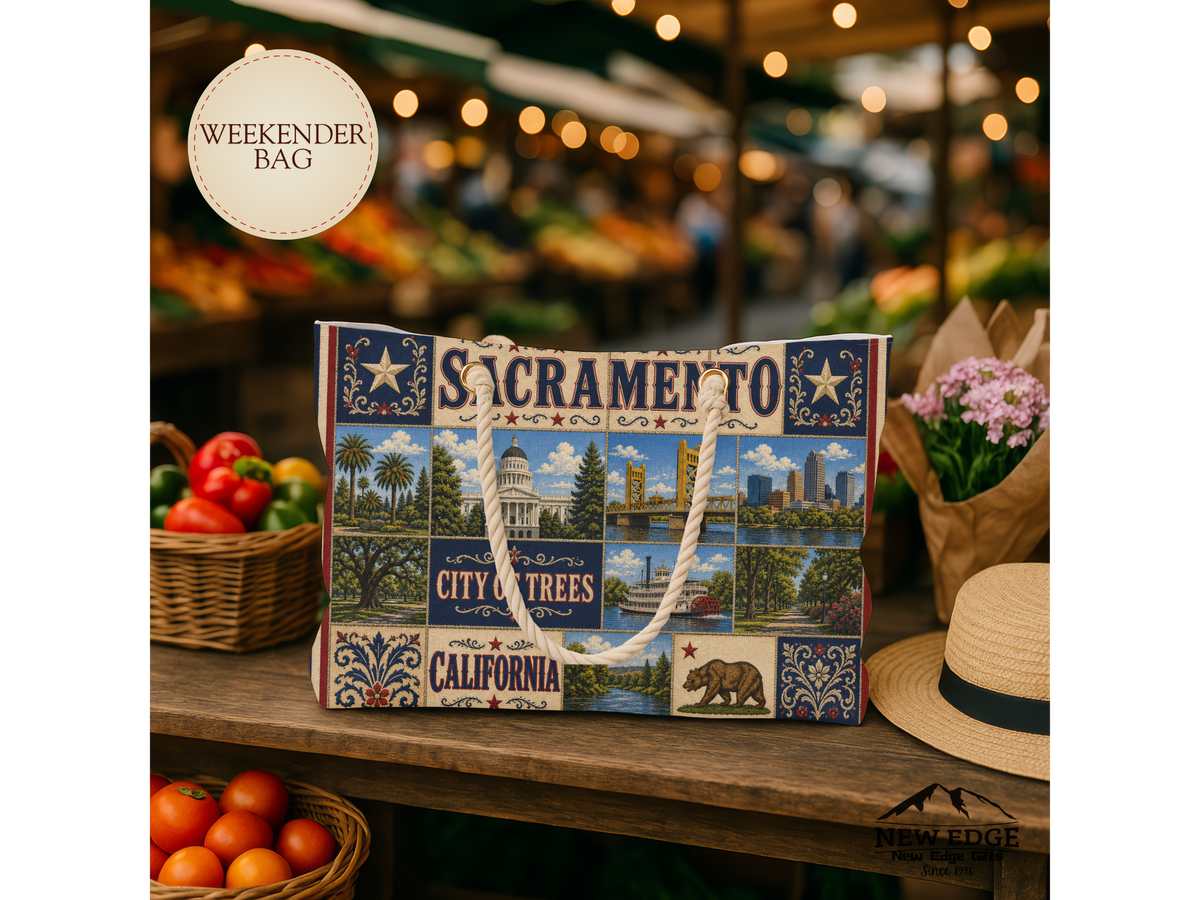 Sacramento California Weekender Bag City of Trees Faux Patchwork Travel Tote Vintage Capital City Getaway Gift
