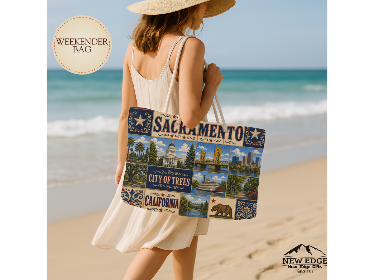 Sacramento California Weekender Bag City of Trees Faux Patchwork Travel Tote Vintage Capital City Getaway Gift