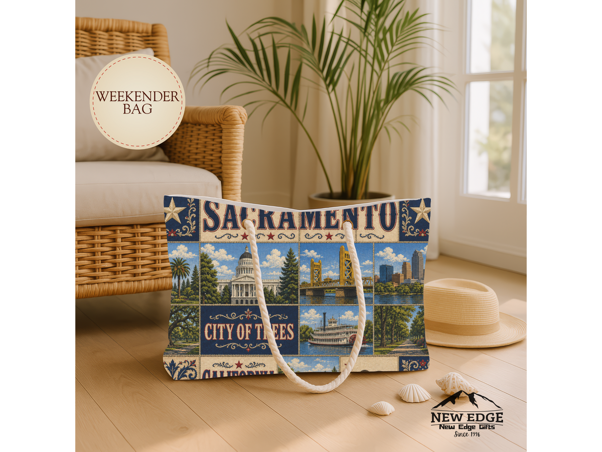 Sacramento California Weekender Bag City of Trees Faux Patchwork Travel Tote Vintage Capital City Getaway Gift
