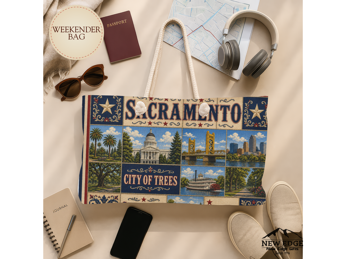 Sacramento California Weekender Bag City of Trees Faux Patchwork Travel Tote Vintage Capital City Getaway Gift