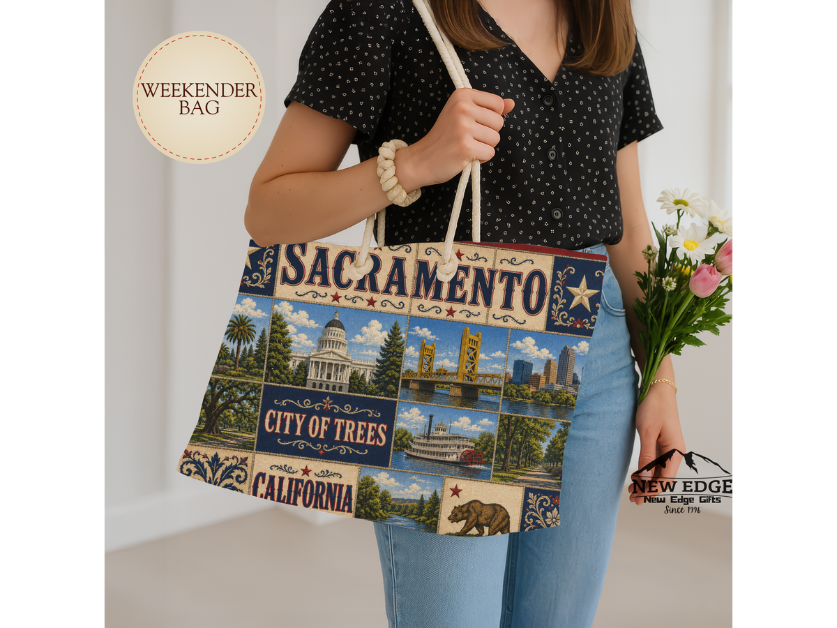 Sacramento California Weekender Bag City of Trees Faux Patchwork Travel Tote Vintage Capital City Getaway Gift