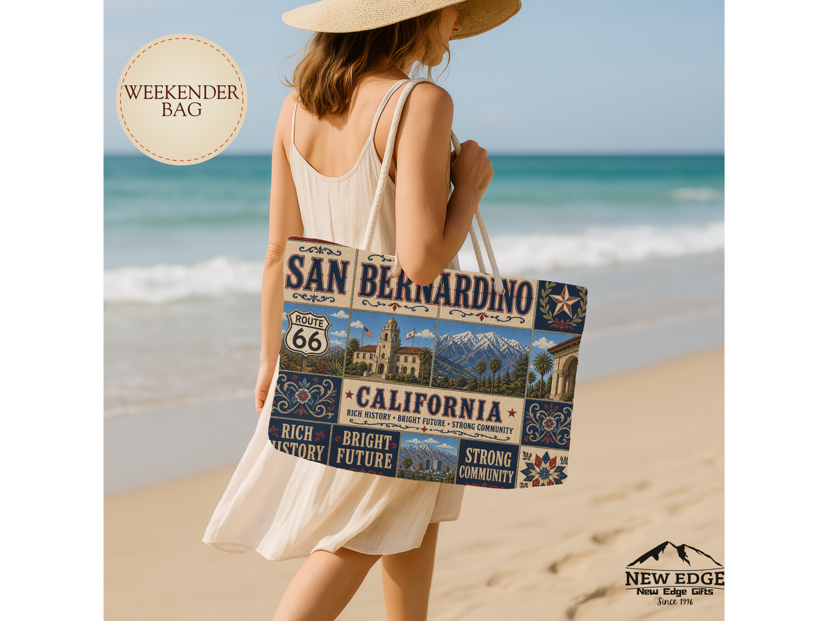 San Bernardino California Weekender Bag Route 66 Faux Patchwork Travel Tote Vintage Inland Empire Adventure Gift