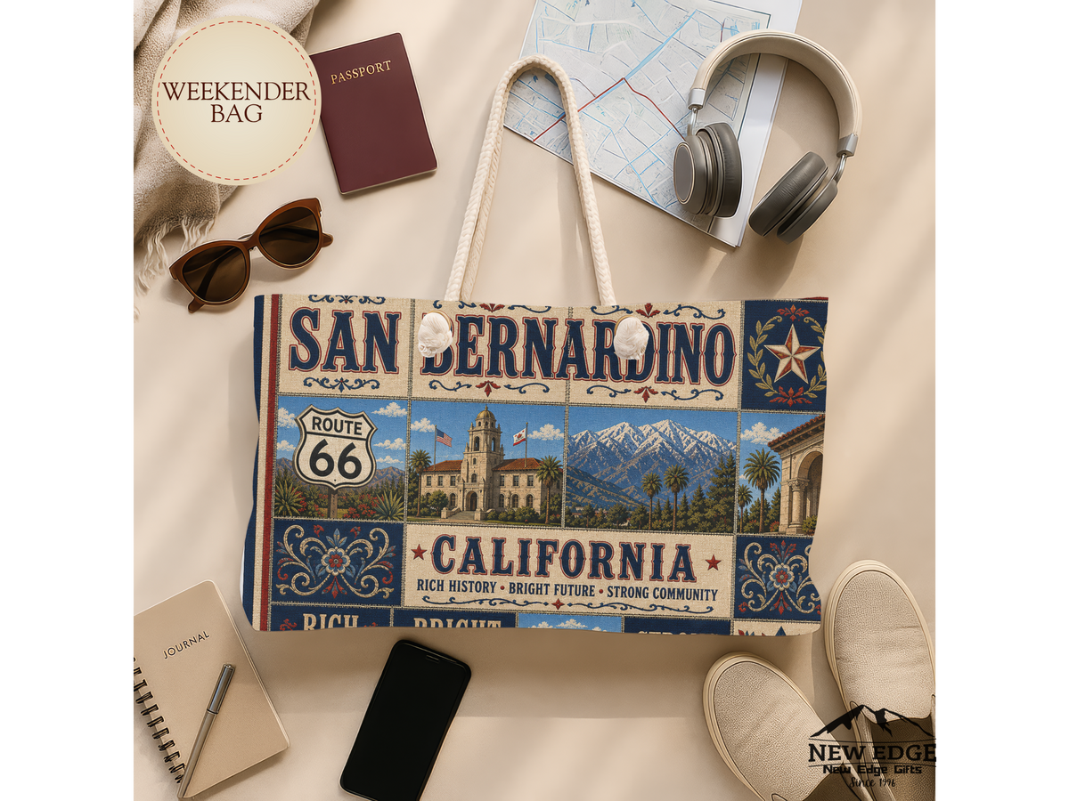 San Bernardino California Weekender Bag Route 66 Faux Patchwork Travel Tote Vintage Inland Empire Adventure Gift