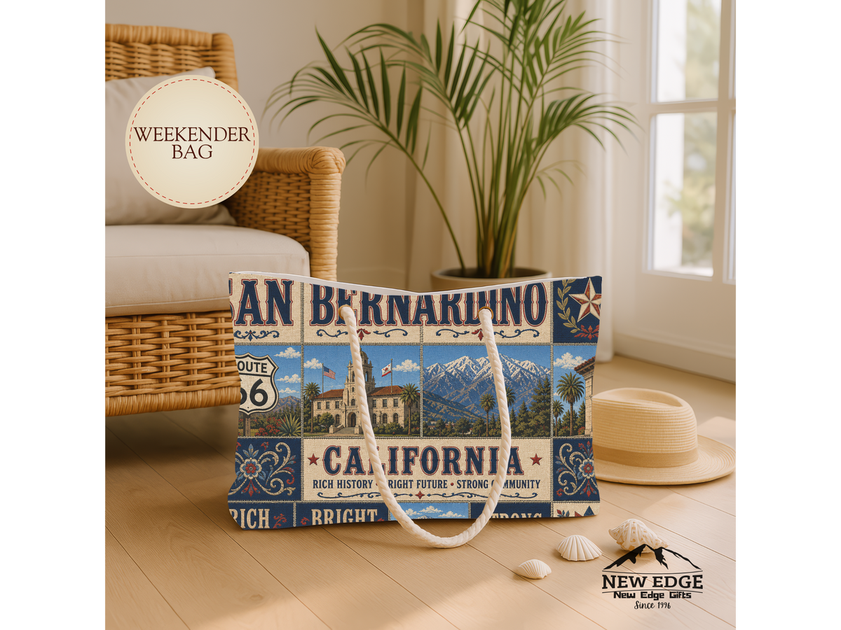 San Bernardino California Weekender Bag Route 66 Faux Patchwork Travel Tote Vintage Inland Empire Adventure Gift