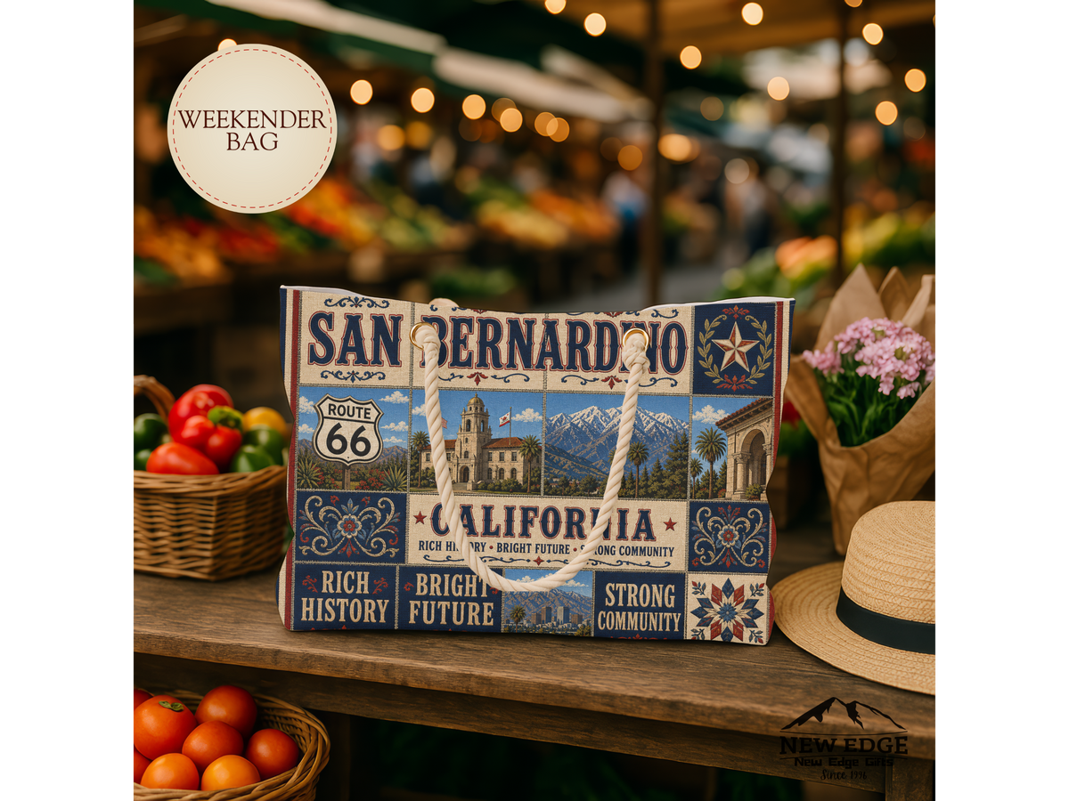 San Bernardino California Weekender Bag Route 66 Faux Patchwork Travel Tote Vintage Inland Empire Adventure Gift