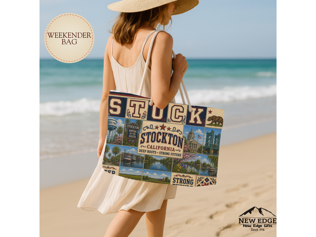 Stockton California Weekender Bag Deep Roots Strong Future Faux Patchwork Travel Tote Vintage River City Getaway Gift