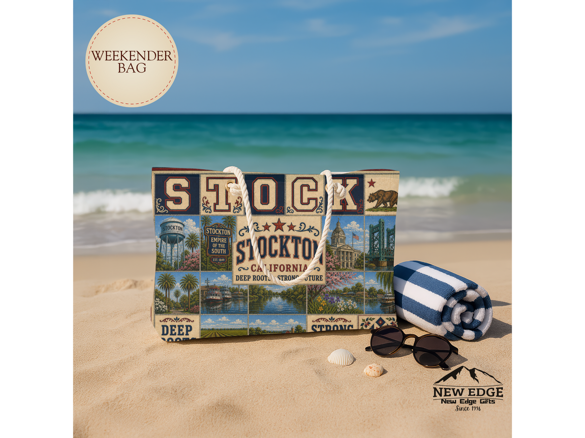 Stockton California Weekender Bag Deep Roots Strong Future Faux Patchwork Travel Tote Vintage River City Getaway Gift