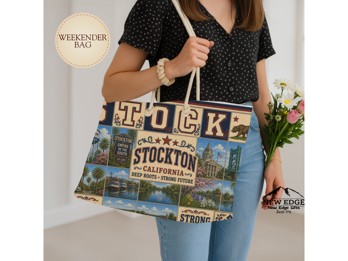 Stockton California Weekender Bag Deep Roots Strong Future Faux Patchwork Travel Tote Vintage River City Getaway Gift