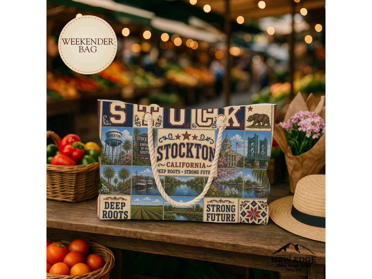 Stockton California Weekender Bag Deep Roots Strong Future Faux Patchwork Travel Tote Vintage River City Getaway Gift