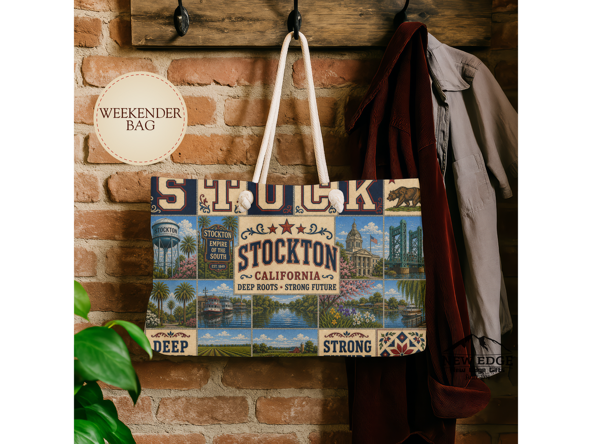 Stockton California Weekender Bag Deep Roots Strong Future Faux Patchwork Travel Tote Vintage River City Getaway Gift
