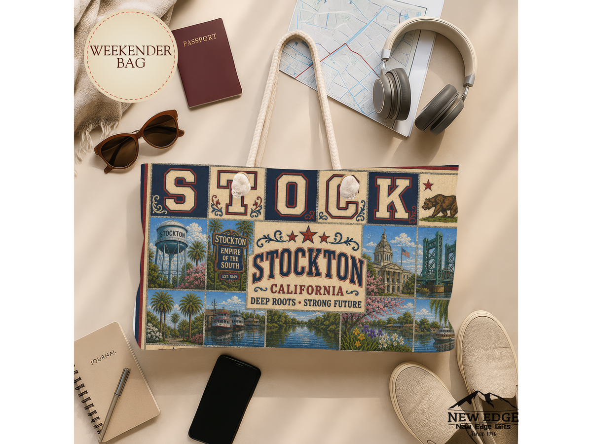 Stockton California Weekender Bag Deep Roots Strong Future Faux Patchwork Travel Tote Vintage River City Getaway Gift