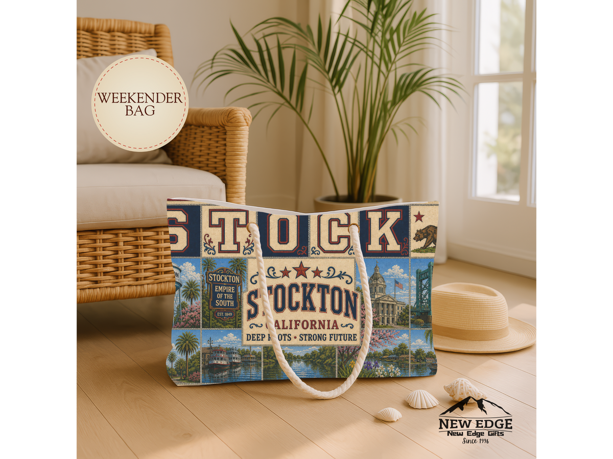 Stockton California Weekender Bag Deep Roots Strong Future Faux Patchwork Travel Tote Vintage River City Getaway Gift