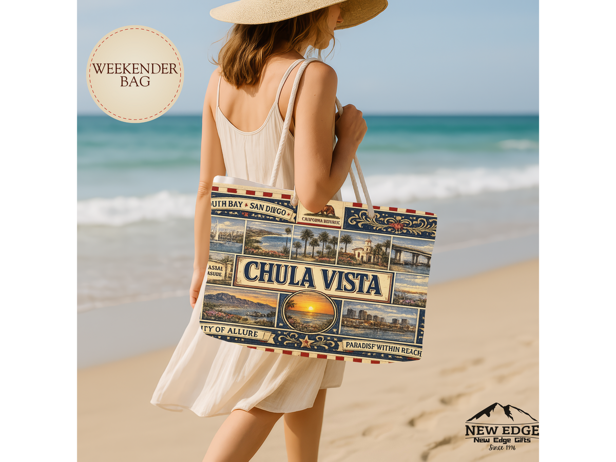 Chula Vista California Weekender Bag South Bay San Diego Faux Patchwork Travel Tote Coastal Paradise Getaway Gift
