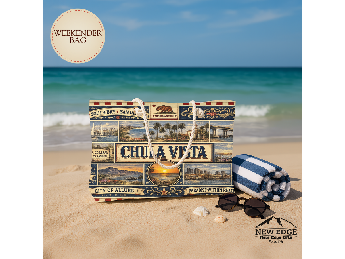 Chula Vista California Weekender Bag South Bay San Diego Faux Patchwork Travel Tote Coastal Paradise Getaway Gift