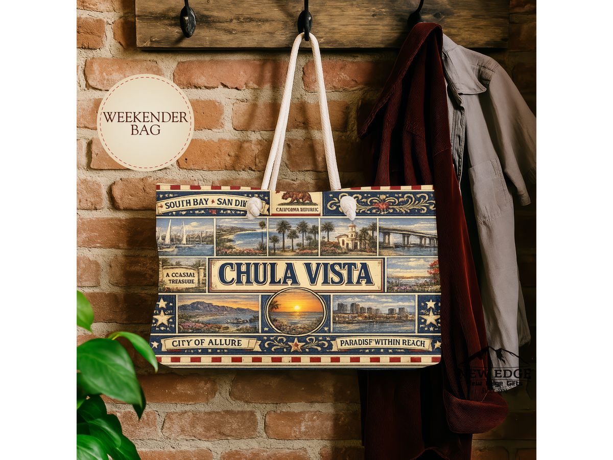 Chula Vista California Weekender Bag South Bay San Diego Faux Patchwork Travel Tote Coastal Paradise Getaway Gift