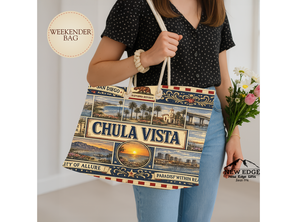 Chula Vista California Weekender Bag South Bay San Diego Faux Patchwork Travel Tote Coastal Paradise Getaway Gift