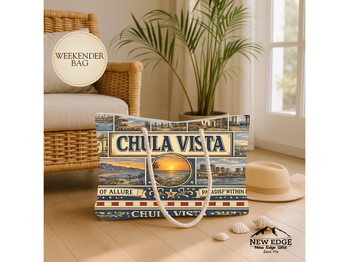 Chula Vista California Weekender Bag South Bay San Diego Faux Patchwork Travel Tote Coastal Paradise Getaway Gift