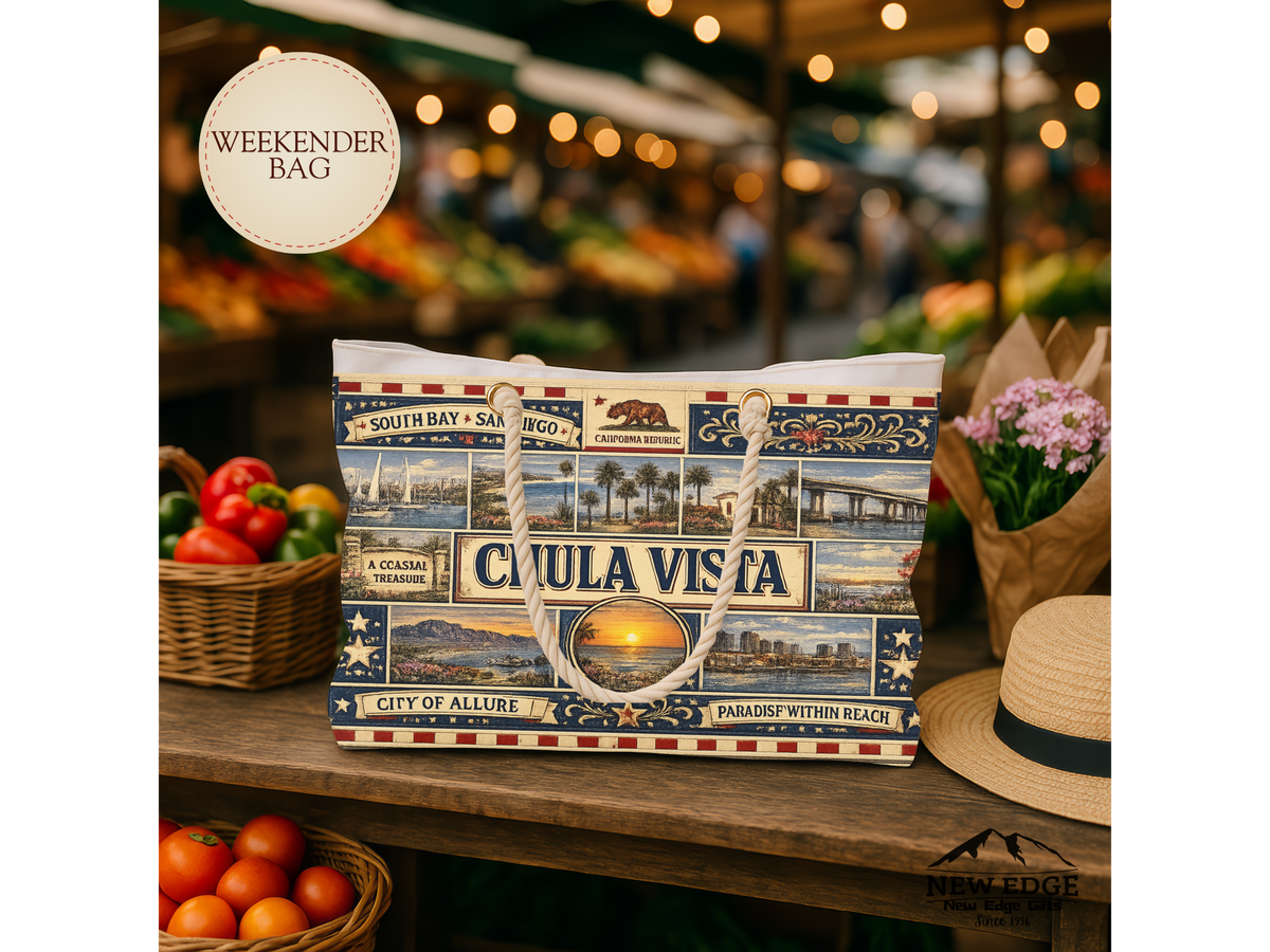 Chula Vista California Weekender Bag South Bay San Diego Faux Patchwork Travel Tote Coastal Paradise Getaway Gift