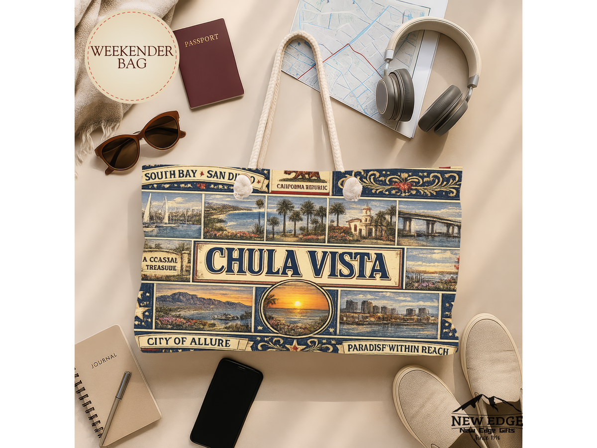 Chula Vista California Weekender Bag South Bay San Diego Faux Patchwork Travel Tote Coastal Paradise Getaway Gift