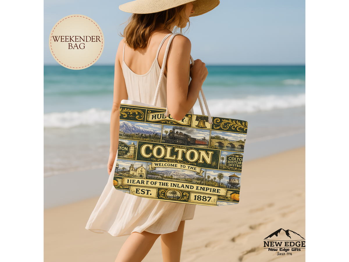 Colton Vintage TColton California Weekender Bag Hub City Faux Patchwork Travel Tote Heart of the Inland Empire Railroad Heritage Giftravel Weekender Bag — "Welcome to the Heart of the Inland Empire"