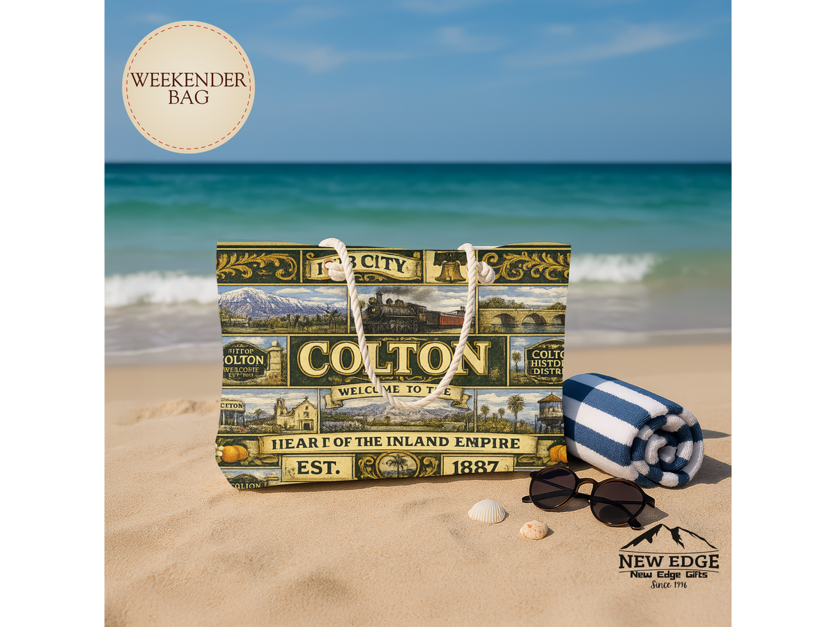 Colton Vintage TColton California Weekender Bag Hub City Faux Patchwork Travel Tote Heart of the Inland Empire Railroad Heritage Giftravel Weekender Bag — "Welcome to the Heart of the Inland Empire"