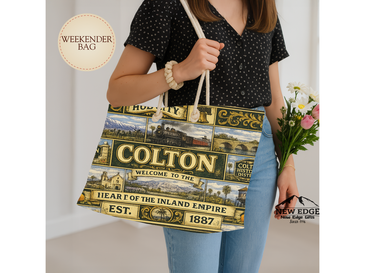Colton Vintage TColton California Weekender Bag Hub City Faux Patchwork Travel Tote Heart of the Inland Empire Railroad Heritage Giftravel Weekender Bag — "Welcome to the Heart of the Inland Empire"