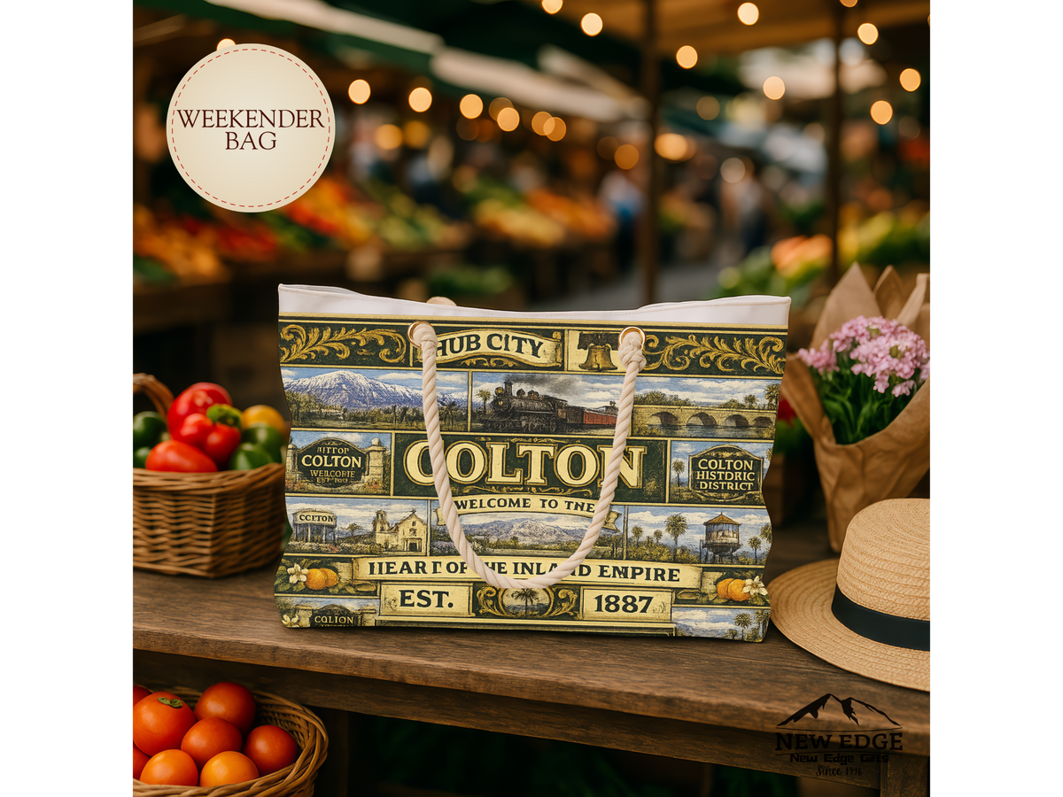 Colton Vintage TColton California Weekender Bag Hub City Faux Patchwork Travel Tote Heart of the Inland Empire Railroad Heritage Giftravel Weekender Bag — "Welcome to the Heart of the Inland Empire"