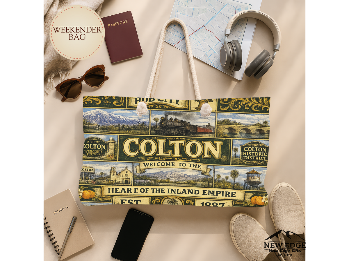 Colton Vintage TColton California Weekender Bag Hub City Faux Patchwork Travel Tote Heart of the Inland Empire Railroad Heritage Giftravel Weekender Bag — "Welcome to the Heart of the Inland Empire"