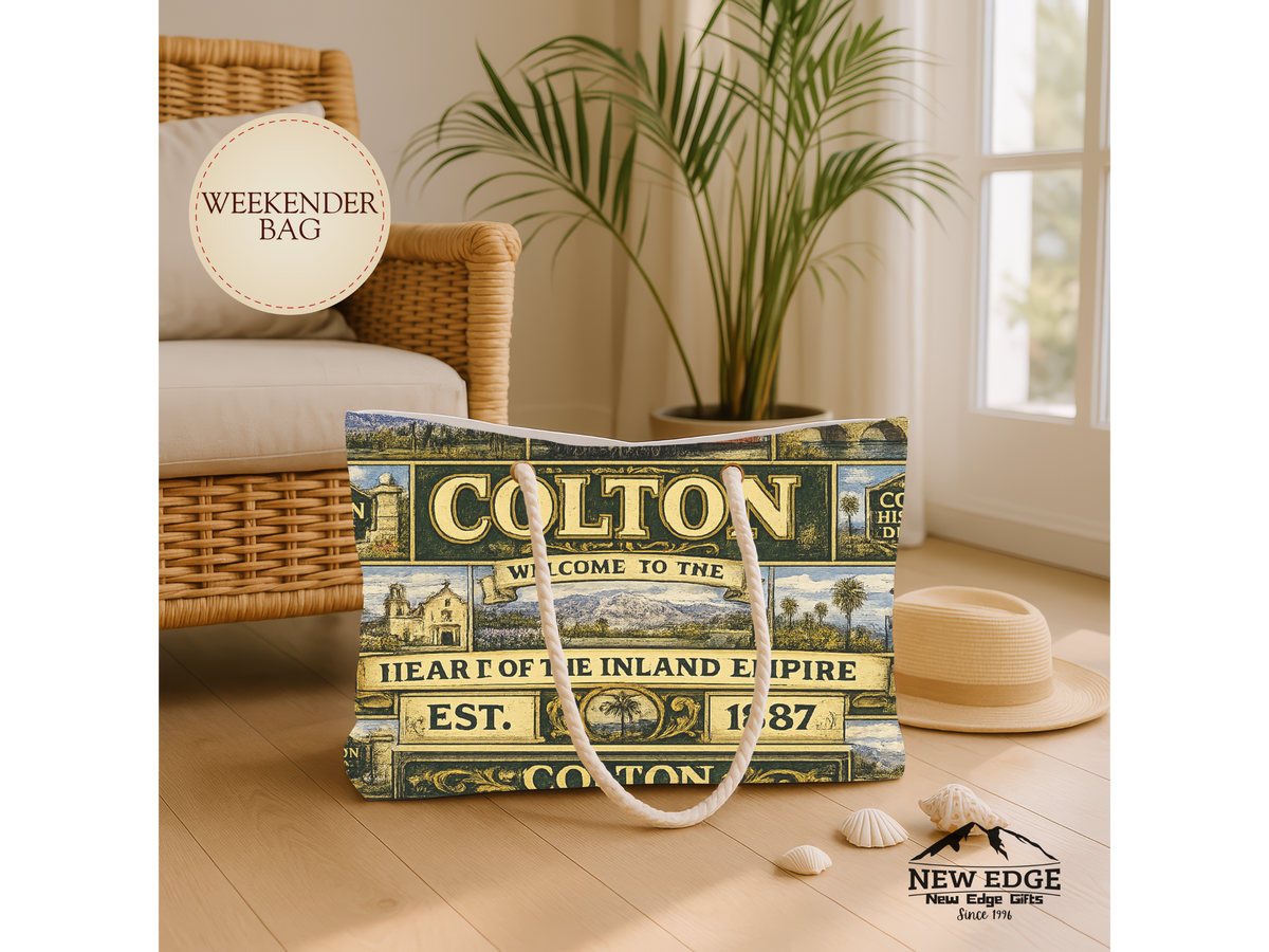 Colton Vintage TColton California Weekender Bag Hub City Faux Patchwork Travel Tote Heart of the Inland Empire Railroad Heritage Giftravel Weekender Bag — "Welcome to the Heart of the Inland Empire"