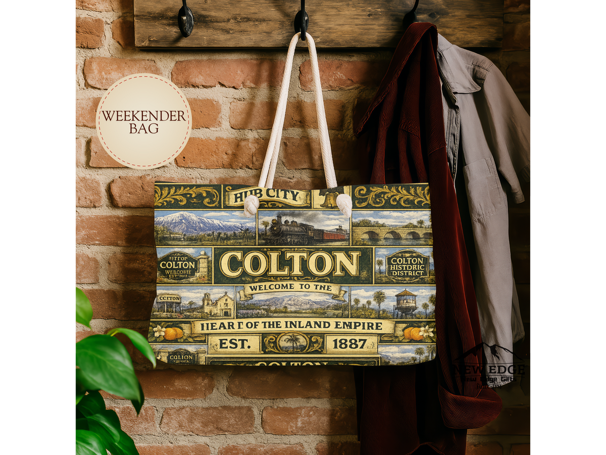 Colton Vintage TColton California Weekender Bag Hub City Faux Patchwork Travel Tote Heart of the Inland Empire Railroad Heritage Giftravel Weekender Bag — "Welcome to the Heart of the Inland Empire"