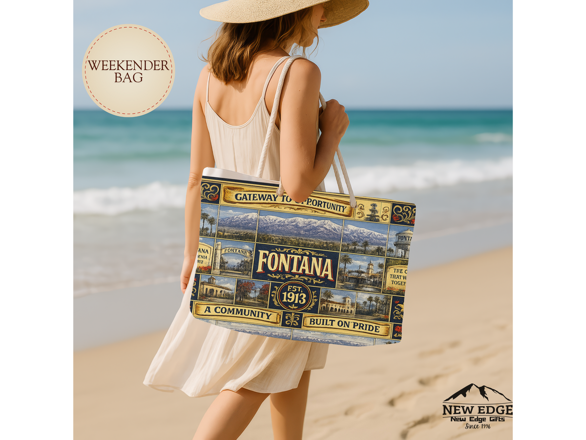 Fontana California Weekender Bag Gateway to Opportunity Faux Patchwork Travel Tote Built on Pride Inland Empire Gift