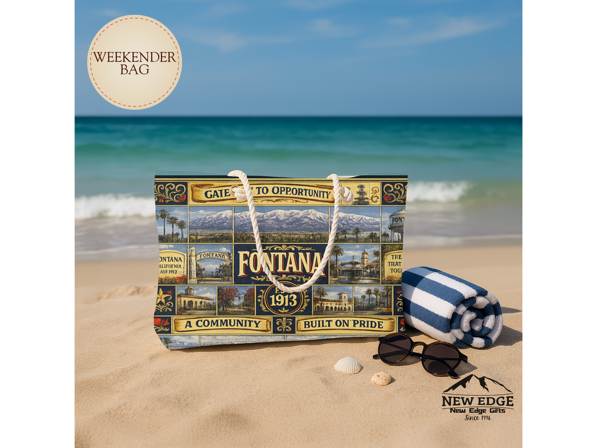 Fontana California Weekender Bag Gateway to Opportunity Faux Patchwork Travel Tote Built on Pride Inland Empire Gift