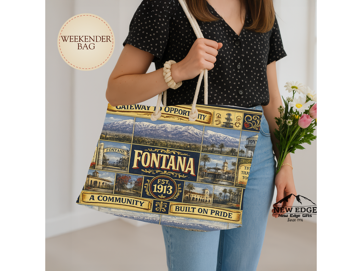 Fontana California Weekender Bag Gateway to Opportunity Faux Patchwork Travel Tote Built on Pride Inland Empire Gift