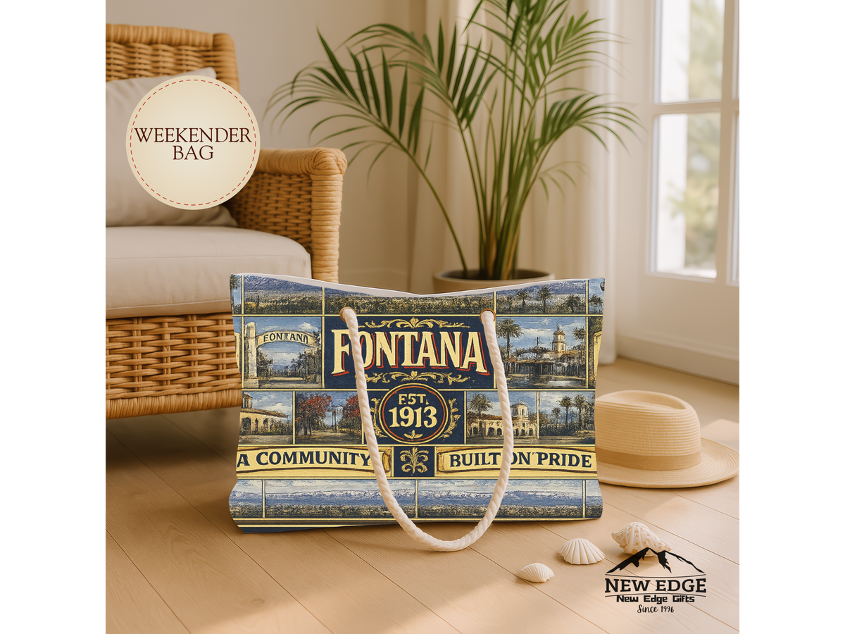 Fontana California Weekender Bag Gateway to Opportunity Faux Patchwork Travel Tote Built on Pride Inland Empire Gift