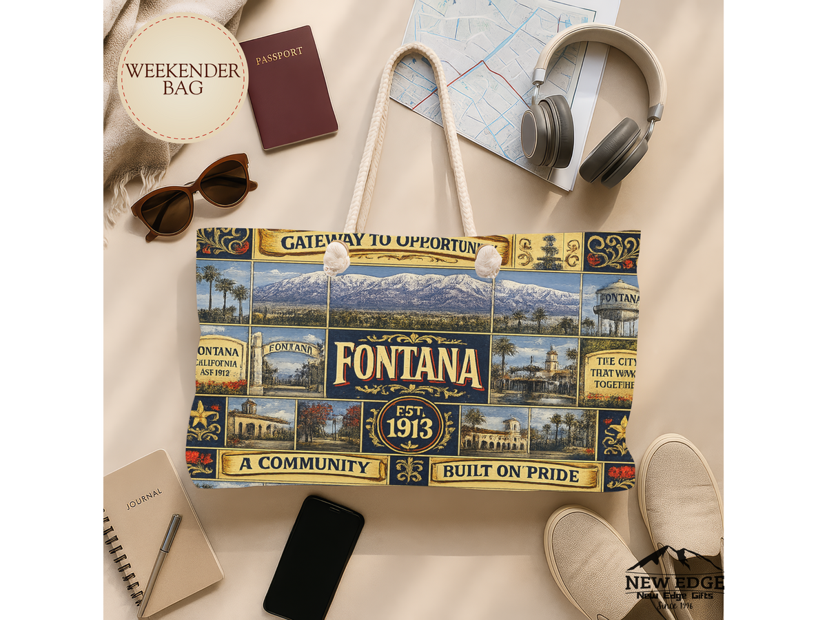 Fontana California Weekender Bag Gateway to Opportunity Faux Patchwork Travel Tote Built on Pride Inland Empire Gift