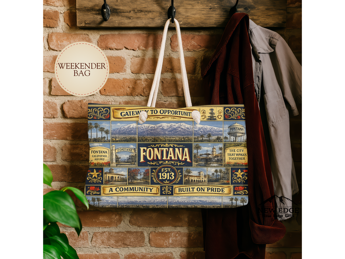 Fontana California Weekender Bag Gateway to Opportunity Faux Patchwork Travel Tote Built on Pride Inland Empire Gift