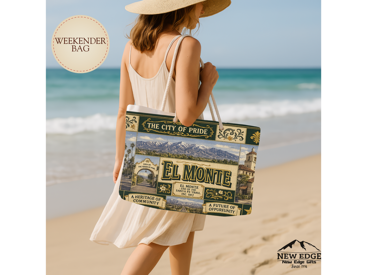 El Monte California Weekender Bag City of Pride Faux Patchwork Travel Tote End of the Santa Fe Trail Heritage Gift