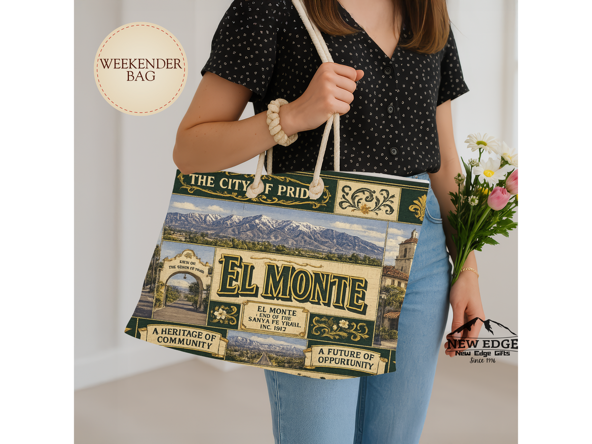 El Monte California Weekender Bag City of Pride Faux Patchwork Travel Tote End of the Santa Fe Trail Heritage Gift