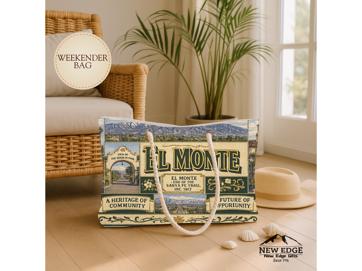 El Monte California Weekender Bag City of Pride Faux Patchwork Travel Tote End of the Santa Fe Trail Heritage Gift