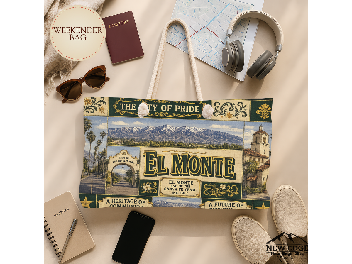El Monte California Weekender Bag City of Pride Faux Patchwork Travel Tote End of the Santa Fe Trail Heritage Gift