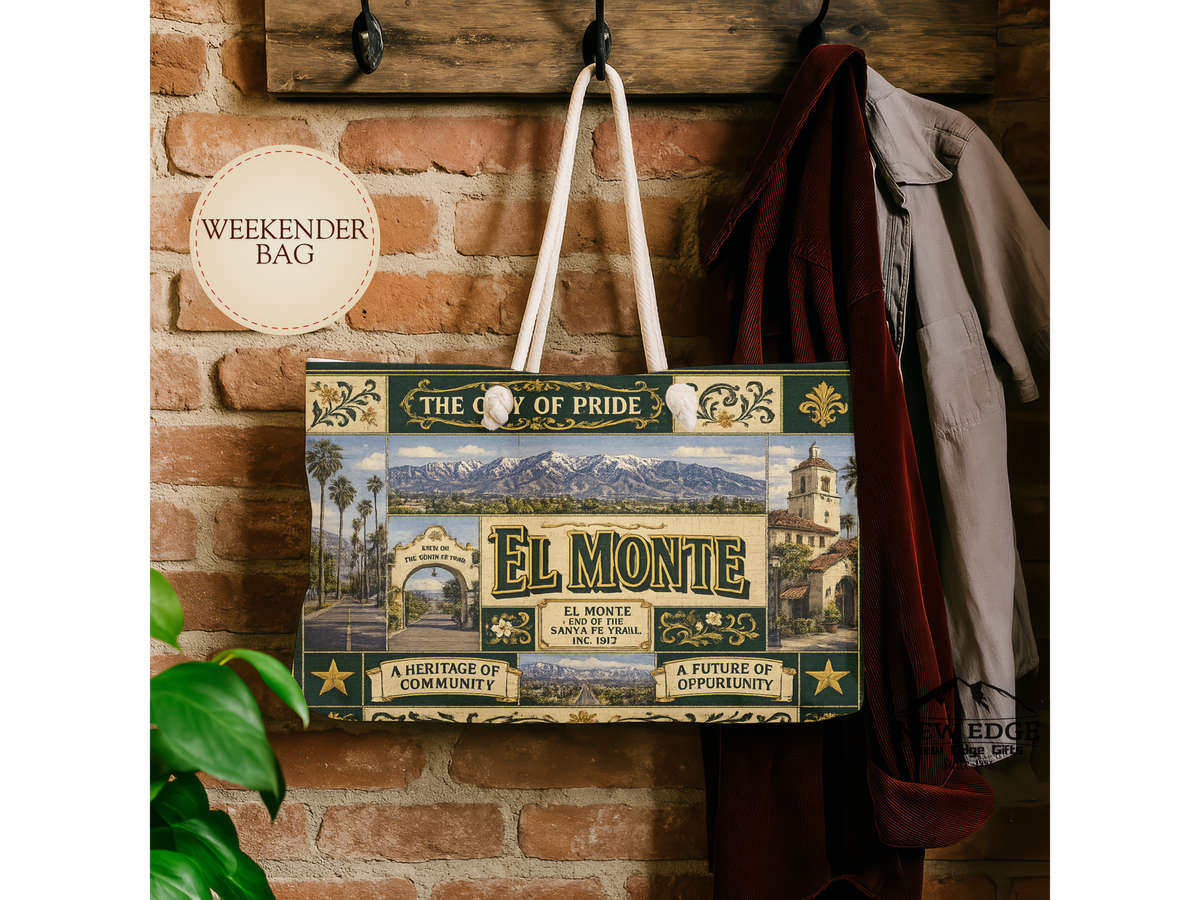 El Monte California Weekender Bag City of Pride Faux Patchwork Travel Tote End of the Santa Fe Trail Heritage Gift