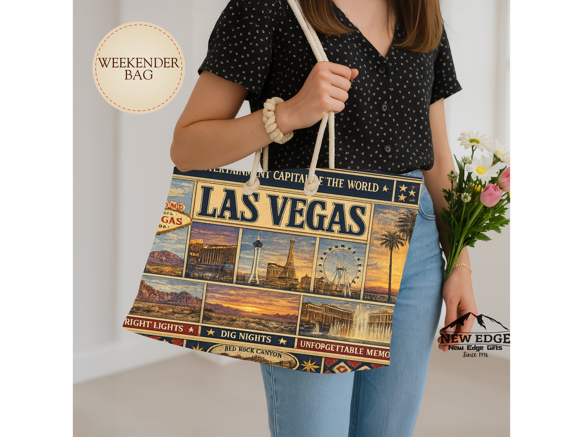 Las Vegas Nevada Weekender Bag Entertainment Capital of the World Faux Patchwork Travel Tote Vintage Strip Getaway Gift