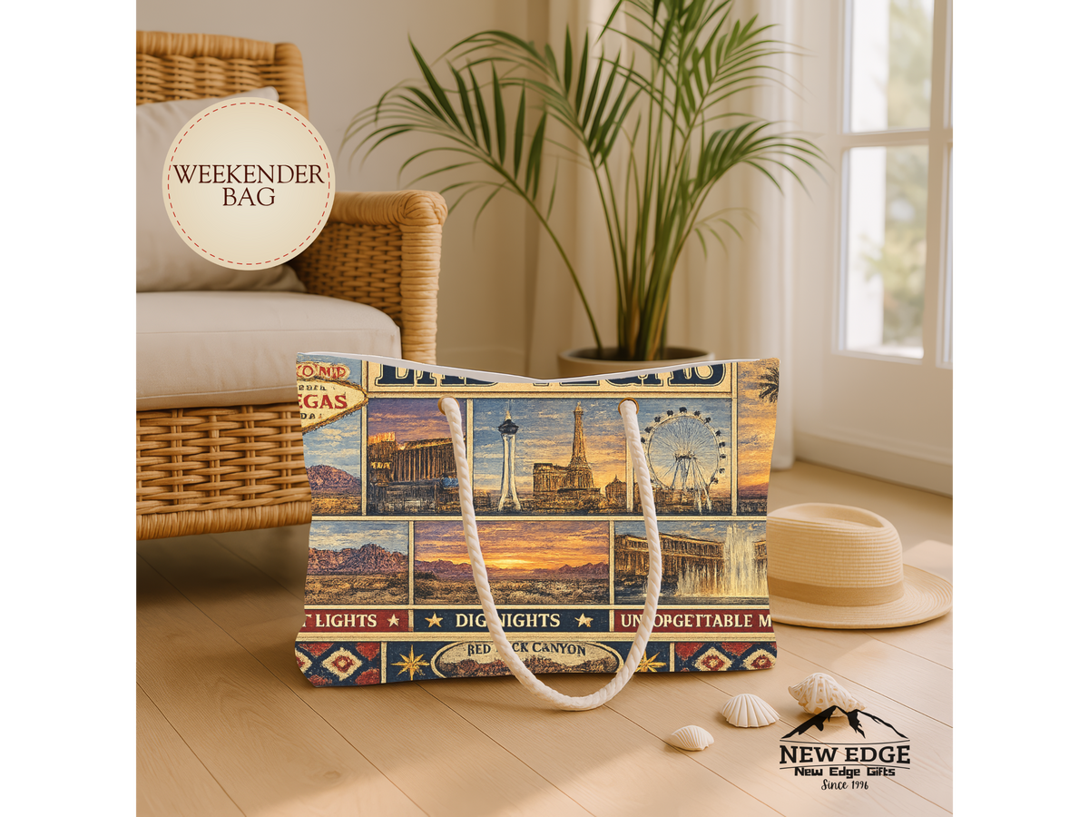 Las Vegas Nevada Weekender Bag Entertainment Capital of the World Faux Patchwork Travel Tote Vintage Strip Getaway Gift