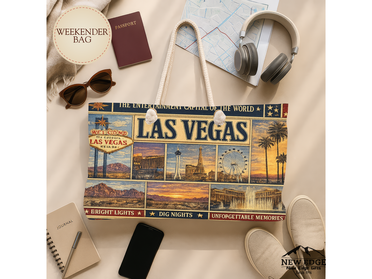Las Vegas Nevada Weekender Bag Entertainment Capital of the World Faux Patchwork Travel Tote Vintage Strip Getaway Gift