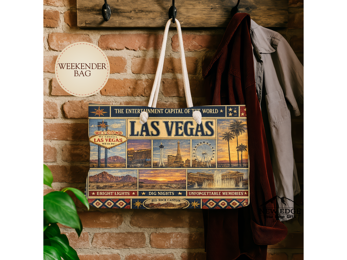 Las Vegas Nevada Weekender Bag Entertainment Capital of the World Faux Patchwork Travel Tote Vintage Strip Getaway Gift