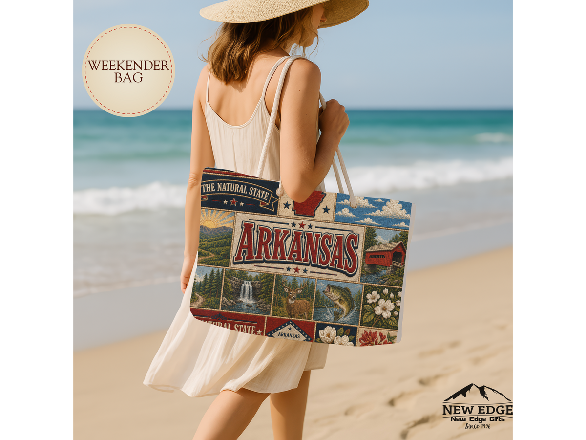 Arkansas Weekender Bag The Natural State Faux Patchwork Travel Tote Scenic Mountain Adventure State Souvenir Gift