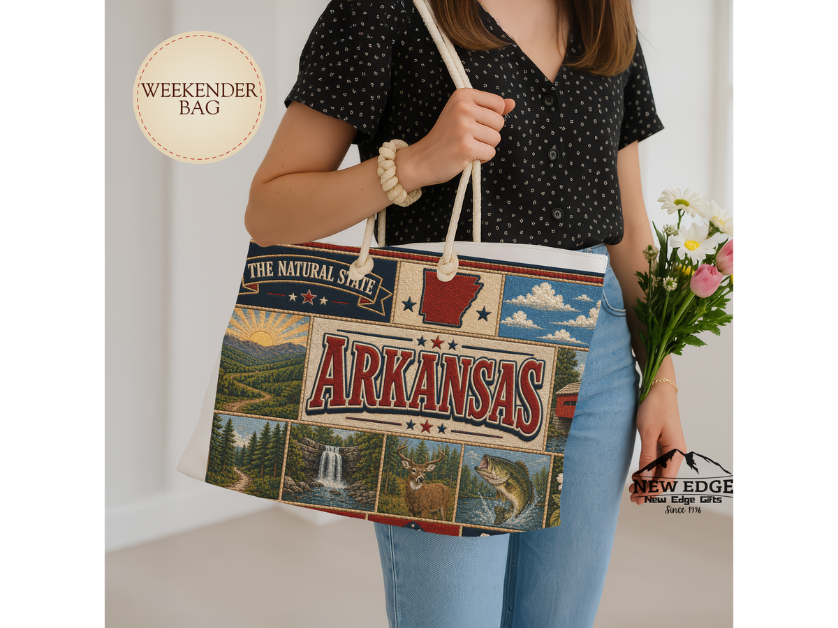 Arkansas Weekender Bag The Natural State Faux Patchwork Travel Tote Scenic Mountain Adventure State Souvenir Gift